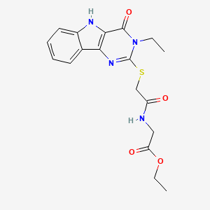 molecular formula C18H20N4O4S B2569829 ethyl 2-(2-((3-ethyl-4-oxo-4,5-dihydro-3H-pyrimido[5,4-b]indol-2-yl)thio)acetamido)acetate CAS No. 888461-40-3