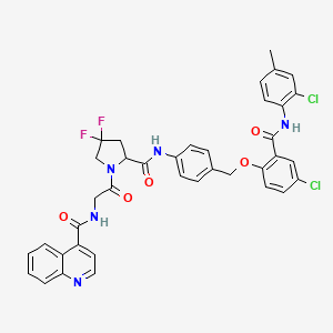 molecular formula C38H31Cl2F2N5O5 B2569906 N-[2-[2-[[4-[[4-Chloro-2-[(2-chloro-4-methylphenyl)carbamoyl]phenoxy]methyl]phenyl]carbamoyl]-4,4-difluoropyrrolidin-1-yl]-2-oxoethyl]quinoline-4-carboxamide CAS No. 2460755-44-4