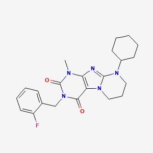 molecular formula C22H26FN5O2 B2569913 9-cyclohexyl-3-(2-fluorobenzyl)-1-methyl-6,7,8,9-tetrahydropyrimido[2,1-f]purine-2,4(1H,3H)-dione CAS No. 876151-22-3