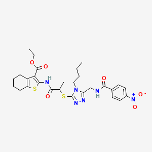 molecular formula C28H34N6O6S2 B2569937 ethyl 2-{2-[(4-butyl-5-{[(4-nitrophenyl)formamido]methyl}-4H-1,2,4-triazol-3-yl)sulfanyl]propanamido}-4,5,6,7-tetrahydro-1-benzothiophene-3-carboxylate CAS No. 393814-97-6