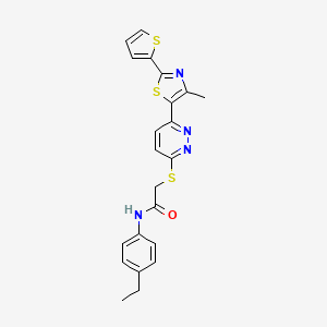 molecular formula C22H20N4OS3 B2569988 N-(4-ethylphenyl)-2-({6-[4-methyl-2-(thiophen-2-yl)-1,3-thiazol-5-yl]pyridazin-3-yl}sulfanyl)acetamide CAS No. 946237-24-7