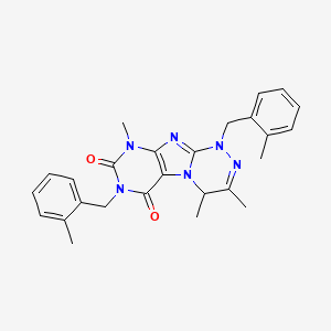 molecular formula C26H28N6O2 B2570066 3,4,9-trimethyl-1,7-bis[(2-methylphenyl)methyl]-1H,4H,6H,7H,8H,9H-[1,2,4]triazino[4,3-g]purine-6,8-dione CAS No. 898410-32-7