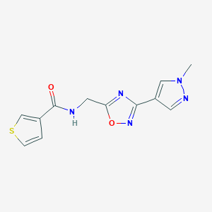 molecular formula C12H11N5O2S B2570144 N-((3-(1-methyl-1H-pyrazol-4-yl)-1,2,4-oxadiazol-5-yl)methyl)thiophene-3-carboxamide CAS No. 2034533-49-6