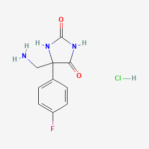 molecular formula C10H11ClFN3O2 B2570149 5-(Aminomethyl)-5-(4-fluorophenyl)imidazolidine-2,4-dione hydrochloride CAS No. 1224885-25-9