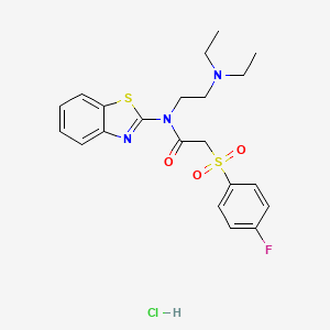 molecular formula C21H25ClFN3O3S2 B2570254 N-(1,3-BENZOTHIAZOL-2-YL)-N-[2-(DIETHYLAMINO)ETHYL]-2-(4-FLUOROBENZENESULFONYL)ACETAMIDE HYDROCHLORIDE CAS No. 1215316-35-0