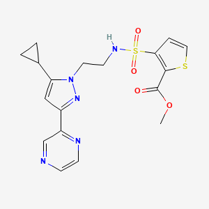 molecular formula C18H19N5O4S2 B2570307 methyl 3-(N-(2-(5-cyclopropyl-3-(pyrazin-2-yl)-1H-pyrazol-1-yl)ethyl)sulfamoyl)thiophene-2-carboxylate CAS No. 2034372-91-1