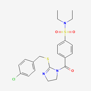 molecular formula C21H24ClN3O3S2 B2570321 4-[2-[(4-chlorophenyl)methylsulfanyl]-4,5-dihydroimidazole-1-carbonyl]-N,N-diethylbenzenesulfonamide CAS No. 851801-91-7