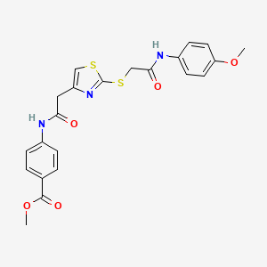 molecular formula C22H21N3O5S2 B2570325 Methyl 4-(2-(2-((2-((4-methoxyphenyl)amino)-2-oxoethyl)thio)thiazol-4-yl)acetamido)benzoate CAS No. 941980-47-8