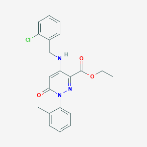 molecular formula C21H20ClN3O3 B2570343 ethyl 4-{[(2-chlorophenyl)methyl]amino}-1-(2-methylphenyl)-6-oxo-1,6-dihydropyridazine-3-carboxylate CAS No. 922015-23-4