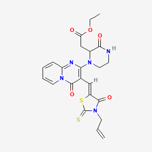 molecular formula C23H23N5O5S2 B2570375 (Z)-ethyl 2-(1-(3-((3-allyl-4-oxo-2-thioxothiazolidin-5-ylidene)methyl)-4-oxo-4H-pyrido[1,2-a]pyrimidin-2-yl)-3-oxopiperazin-2-yl)acetate CAS No. 1025025-59-5