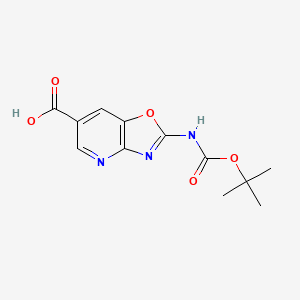 molecular formula C12H13N3O5 B2570388 2-[(2-Methylpropan-2-yl)oxycarbonylamino]-[1,3]oxazolo[4,5-b]pyridine-6-carboxylic acid CAS No. 2287333-41-7