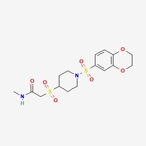 molecular formula C16H22N2O7S2 B2570396 2-((1-((2,3-dihydrobenzo[b][1,4]dioxin-6-yl)sulfonyl)piperidin-4-yl)sulfonyl)-N-methylacetamide CAS No. 1798677-46-9