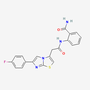 molecular formula C20H15FN4O2S B2570397 2-(2-(6-(4-Fluorophenyl)imidazo[2,1-b]thiazol-3-yl)acetamido)benzamide CAS No. 897465-07-5