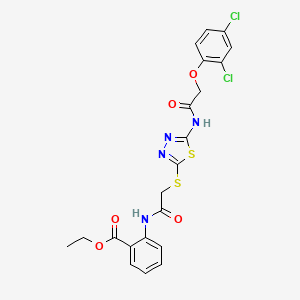 molecular formula C21H18Cl2N4O5S2 B2570455 Ethyl 2-(2-((5-(2-(2,4-dichlorophenoxy)acetamido)-1,3,4-thiadiazol-2-yl)thio)acetamido)benzoate CAS No. 896026-94-1