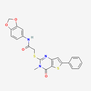molecular formula C22H17N3O4S2 B2570498 N-(2H-1,3-benzodioxol-5-yl)-2-({3-methyl-4-oxo-6-phenyl-3H,4H-thieno[3,2-d]pyrimidin-2-yl}sulfanyl)acetamide CAS No. 1105251-95-3