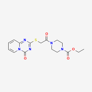 molecular formula C16H19N5O4S B2570554 ethyl 4-[2-({4-oxo-4H-pyrido[1,2-a][1,3,5]triazin-2-yl}sulfanyl)acetyl]piperazine-1-carboxylate CAS No. 896325-31-8