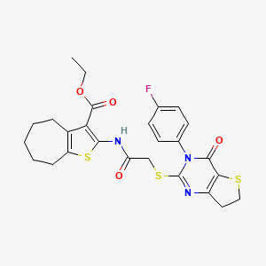 molecular formula C26H26FN3O4S3 B2570555 ethyl 2-(2-{[3-(4-fluorophenyl)-4-oxo-3H,4H,6H,7H-thieno[3,2-d]pyrimidin-2-yl]sulfanyl}acetamido)-4H,5H,6H,7H,8H-cyclohepta[b]thiophene-3-carboxylate CAS No. 850915-79-6