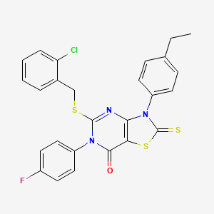molecular formula C26H19ClFN3OS3 B2570722 5-{[(2-chlorophenyl)methyl]sulfanyl}-3-(4-ethylphenyl)-6-(4-fluorophenyl)-2-sulfanylidene-2H,3H,6H,7H-[1,3]thiazolo[4,5-d]pyrimidin-7-one CAS No. 422306-19-2