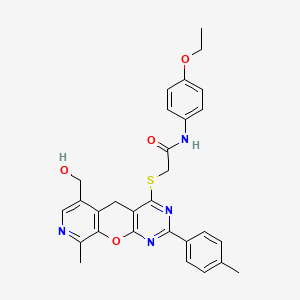 molecular formula C29H28N4O4S B2570816 N-(4-ethoxyphenyl)-2-{[11-(hydroxymethyl)-14-methyl-5-(4-methylphenyl)-2-oxa-4,6,13-triazatricyclo[8.4.0.0^{3,8}]tetradeca-1(10),3(8),4,6,11,13-hexaen-7-yl]sulfanyl}acetamide CAS No. 892384-82-6