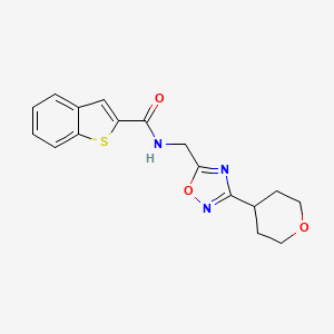 molecular formula C17H17N3O3S B2571050 N-{[3-(oxan-4-yl)-1,2,4-oxadiazol-5-yl]methyl}-1-benzothiophene-2-carboxamide CAS No. 2034518-05-1