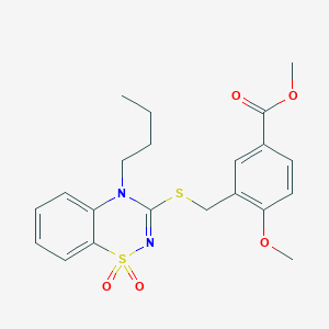 molecular formula C21H24N2O5S2 B2571056 methyl 3-(((4-butyl-1,1-dioxido-4H-benzo[e][1,2,4]thiadiazin-3-yl)thio)methyl)-4-methoxybenzoate CAS No. 893790-49-3