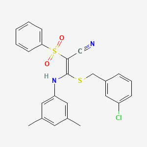 molecular formula C24H21ClN2O2S2 B2571090 (2E)-2-(BENZENESULFONYL)-3-{[(3-CHLOROPHENYL)METHYL]SULFANYL}-3-[(3,5-DIMETHYLPHENYL)AMINO]PROP-2-ENENITRILE CAS No. 866348-26-7