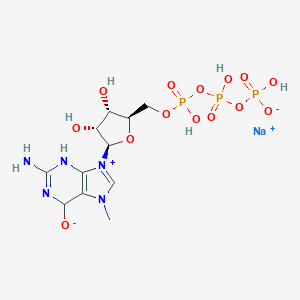 molecular formula C11H18N4NaO14P3 B025712 氢磷酸钠；[[[(2R,3S,4R,5R)-5-(2-氨基-7-甲基-6-氧化-3,6-二氢嘌呤-9-鎓-9-基)-3,4-二羟基氧杂环-2-基]甲氧基-羟基磷酰氧基]氧基-羟基磷酰氧基] CAS No. 104809-18-9