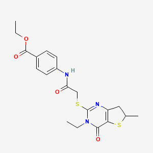 molecular formula C20H23N3O4S2 B2571236 ethyl 4-[2-({3-ethyl-6-methyl-4-oxo-3H,4H,6H,7H-thieno[3,2-d]pyrimidin-2-yl}sulfanyl)acetamido]benzoate CAS No. 851409-31-9