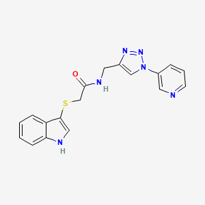 molecular formula C18H16N6OS B2571324 2-((1H-indol-3-yl)thio)-N-((1-(pyridin-3-yl)-1H-1,2,3-triazol-4-yl)methyl)acetamide CAS No. 2034612-23-0