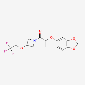molecular formula C15H16F3NO5 B2571639 2-(2H-1,3-benzodioxol-5-yloxy)-1-[3-(2,2,2-trifluoroethoxy)azetidin-1-yl]propan-1-one CAS No. 2034339-20-1