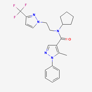 molecular formula C22H24F3N5O B2571673 N-cyclopentyl-5-methyl-1-phenyl-N-(2-(3-(trifluoromethyl)-1H-pyrazol-1-yl)ethyl)-1H-pyrazole-4-carboxamide CAS No. 2034418-41-0
