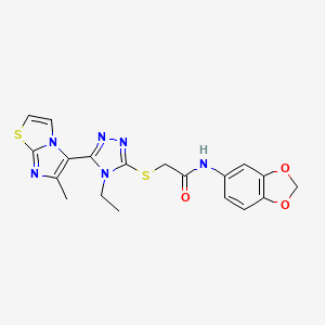 molecular formula C19H18N6O3S2 B2571833 N-(2H-1,3-benzodioxol-5-yl)-2-[(4-ethyl-5-{6-methylimidazo[2,1-b][1,3]thiazol-5-yl}-4H-1,2,4-triazol-3-yl)sulfanyl]acetamide CAS No. 1105197-39-4