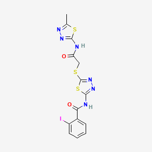 molecular formula C14H11IN6O2S3 B2571951 2-iodo-N-[5-({[(5-methyl-1,3,4-thiadiazol-2-yl)carbamoyl]methyl}sulfanyl)-1,3,4-thiadiazol-2-yl]benzamide CAS No. 389072-60-0