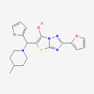 molecular formula C19H20N4O3S B2572033 2-(Furan-2-yl)-5-(furan-2-yl(4-methylpiperidin-1-yl)methyl)thiazolo[3,2-b][1,2,4]triazol-6-ol CAS No. 898418-76-3