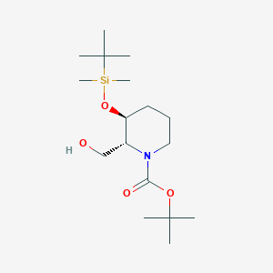 molecular formula C17H35NO4Si B2572043 1-Piperidinecarboxylic acid, 3-[[(1,1-dimethylethyl)dimethylsilyl]oxy]-2-(hydroxymethyl)-, 1,1-dimethylethyl ester, (2R,3S)- CAS No. 1174386-89-0