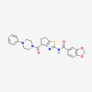 molecular formula C25H24N4O4S B2572154 N-(4-(4-phenylpiperazine-1-carbonyl)-5,6-dihydro-4H-cyclopenta[d]thiazol-2-yl)benzo[d][1,3]dioxole-5-carboxamide CAS No. 955758-33-5