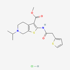 molecular formula C18H23ClN2O3S2 B2572271 methyl 6-(propan-2-yl)-2-[2-(thiophen-2-yl)acetamido]-4H,5H,6H,7H-thieno[2,3-c]pyridine-3-carboxylate hydrochloride CAS No. 1330316-09-0