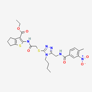 molecular formula C27H32N6O6S2 B2572296 ethyl 2-{2-[(4-butyl-5-{[(4-methyl-3-nitrophenyl)formamido]methyl}-4H-1,2,4-triazol-3-yl)sulfanyl]acetamido}-4H,5H,6H-cyclopenta[b]thiophene-3-carboxylate CAS No. 393850-06-1