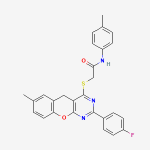 molecular formula C27H22FN3O2S B2572311 2-{[2-(4-FLUOROPHENYL)-7-METHYL-5H-CHROMENO[2,3-D]PYRIMIDIN-4-YL]SULFANYL}-N-(4-METHYLPHENYL)ACETAMIDE CAS No. 895646-68-1