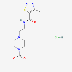 molecular formula C12H20ClN5O3S B2572348 Methyl 4-(2-(4-methyl-1,2,3-thiadiazole-5-carboxamido)ethyl)piperazine-1-carboxylate hydrochloride CAS No. 1351647-35-2