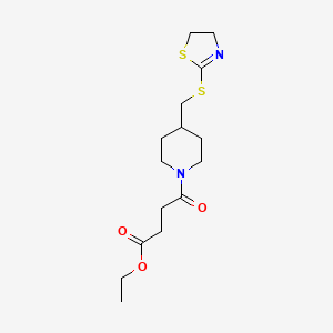 molecular formula C15H24N2O3S2 B2572354 Ethyl 4-(4-(((4,5-dihydrothiazol-2-yl)thio)methyl)piperidin-1-yl)-4-oxobutanoate CAS No. 1396860-83-5