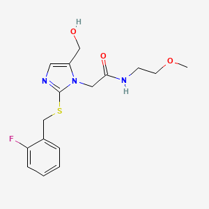 molecular formula C16H20FN3O3S B2572363 2-(2-((2-fluorobenzyl)thio)-5-(hydroxymethyl)-1H-imidazol-1-yl)-N-(2-methoxyethyl)acetamide CAS No. 921820-53-3