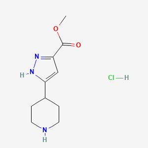molecular formula C10H16ClN3O2 B2572422 Methyl 5-piperidin-4-yl-1H-pyrazole-3-carboxylate;hydrochloride CAS No. 1589546-68-8