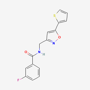 molecular formula C15H11FN2O2S B2572539 3-fluoro-N-((5-(thiophen-2-yl)isoxazol-3-yl)methyl)benzamide CAS No. 946210-77-1