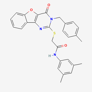 molecular formula C28H25N3O3S B2572559 N-(3,5-dimethylphenyl)-2-{[3-(4-methylbenzyl)-4-oxo-3,4-dihydro[1]benzofuro[3,2-d]pyrimidin-2-yl]sulfanyl}acetamide CAS No. 866894-76-0