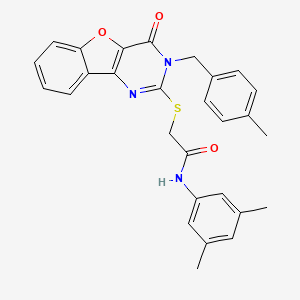 molecular formula C28H25N3O3S B2572559 N-(3,5-dimethylphenyl)-2-[[3-[(4-methylphenyl)methyl]-4-oxo-[1]benzofuro[3,2-d]pyrimidin-2-yl]sulfanyl]acetamide CAS No. 866894-76-0