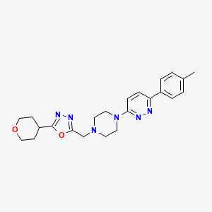 molecular formula C23H28N6O2 B2572613 2-[[4-[6-(4-Methylphenyl)pyridazin-3-yl]piperazin-1-yl]methyl]-5-(oxan-4-yl)-1,3,4-oxadiazole CAS No. 2380178-77-6