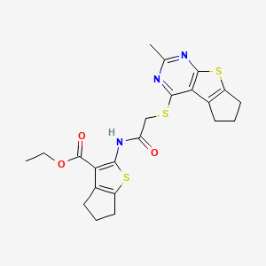 molecular formula C22H23N3O3S3 B2572729 ethyl 2-({[(2-methyl-6,7-dihydro-5H-cyclopenta[4,5]thieno[2,3-d]pyrimidin-4-yl)sulfanyl]acetyl}amino)-5,6-dihydro-4H-cyclopenta[b]thiophene-3-carboxylate CAS No. 314261-71-7