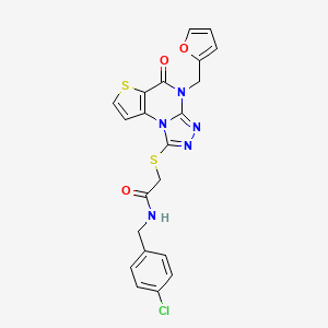 molecular formula C21H16ClN5O3S2 B2572755 N-(4-chlorobenzyl)-2-((4-(furan-2-ylmethyl)-5-oxo-4,5-dihydrothieno[2,3-e][1,2,4]triazolo[4,3-a]pyrimidin-1-yl)thio)acetamide CAS No. 1242969-99-8