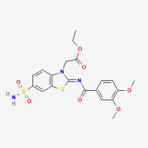 molecular formula C20H21N3O7S2 B2572820 ethyl 2-[(2Z)-2-[(3,4-dimethoxybenzoyl)imino]-6-sulfamoyl-2,3-dihydro-1,3-benzothiazol-3-yl]acetate CAS No. 865247-77-4
